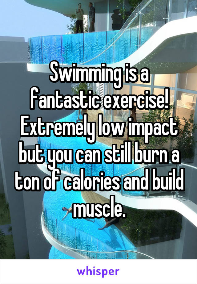 Swimming is a fantastic exercise! Extremely low impact but you can still burn a ton of calories and build muscle.