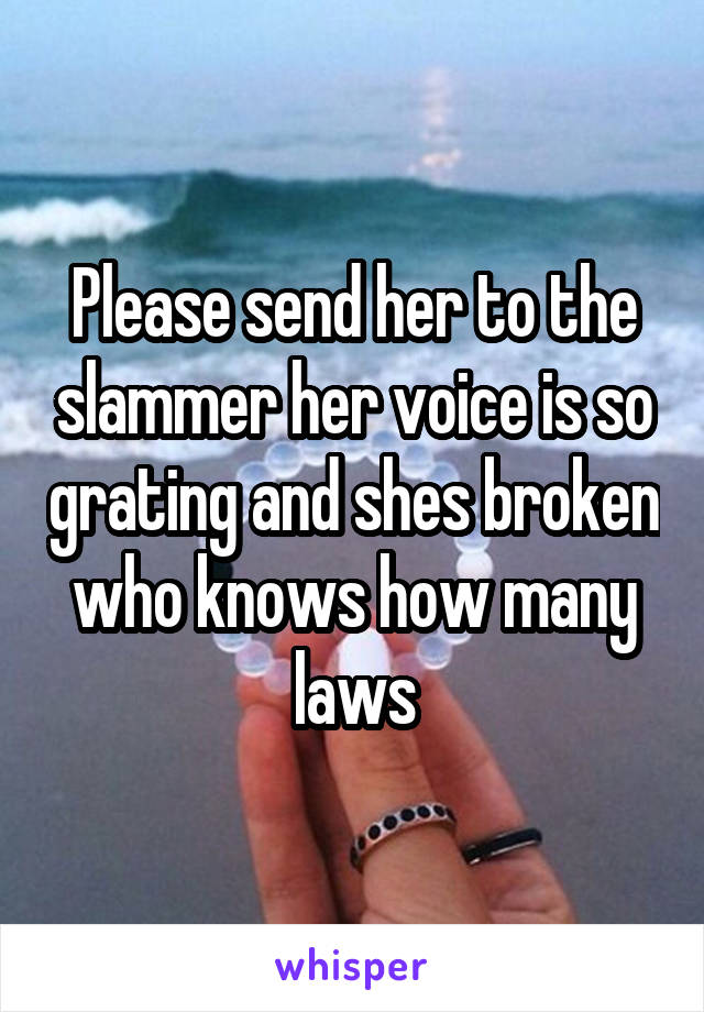 Please send her to the slammer her voice is so grating and shes broken who knows how many laws