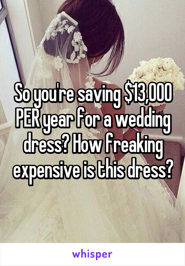 So you're saving $13,000 PER year for a wedding dress? How freaking expensive is this dress?