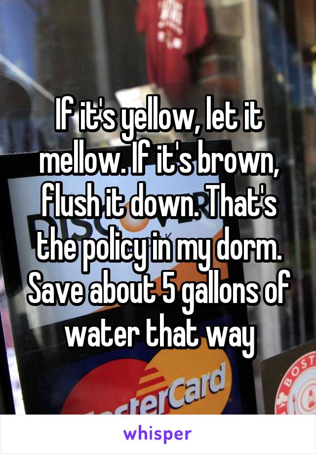 If it's yellow, let it mellow. If it's brown, flush it down. That's the policy in my dorm. Save about 5 gallons of water that way