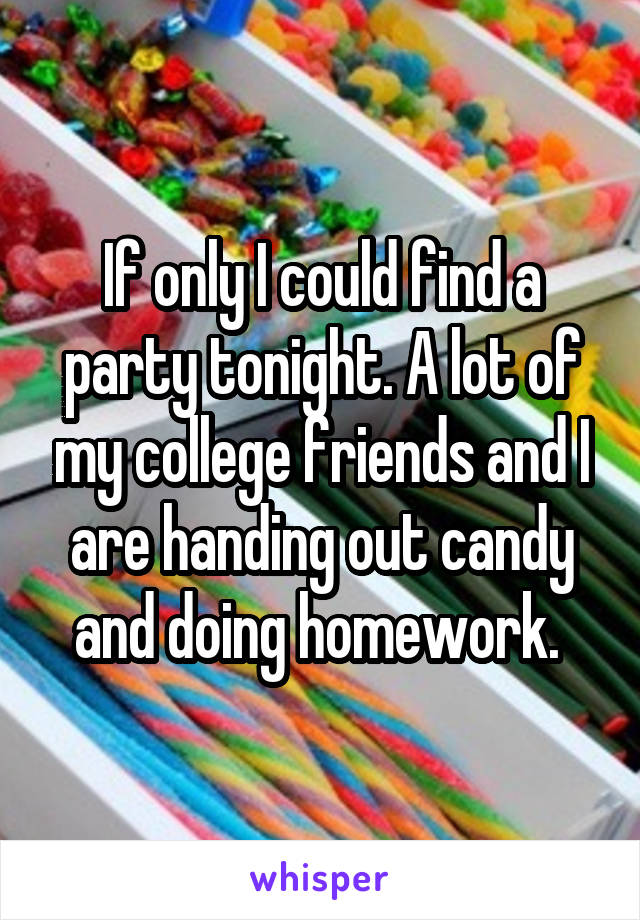 If only I could find a party tonight. A lot of my college friends and I are handing out candy and doing homework. 