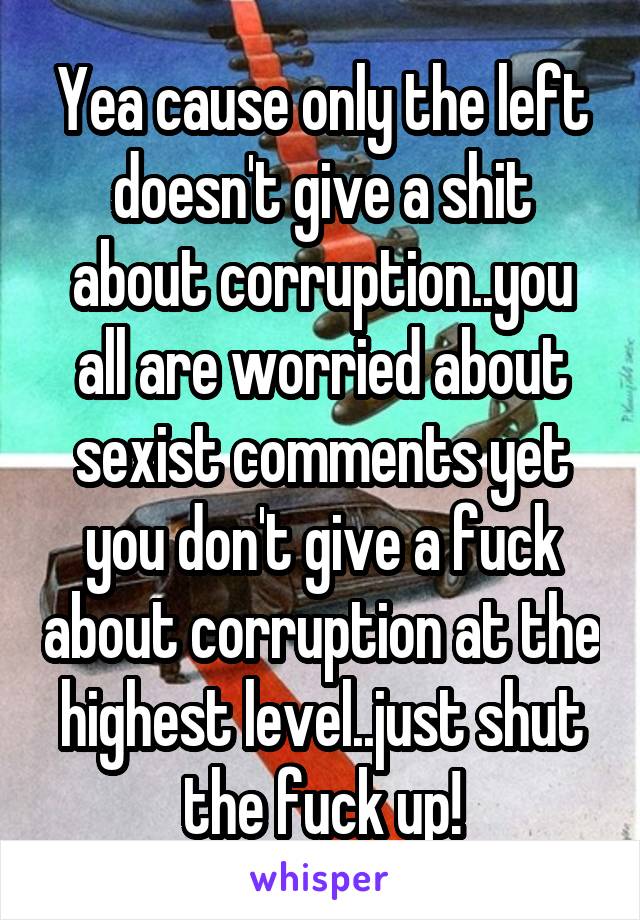 Yea cause only the left doesn't give a shit about corruption..you all are worried about sexist comments yet you don't give a fuck about corruption at the highest level..just shut the fuck up!