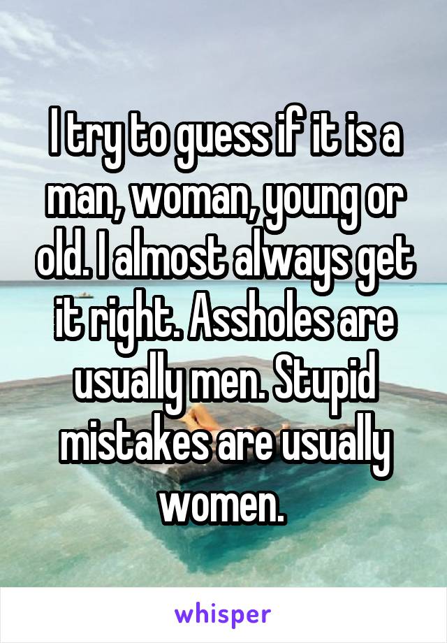 I try to guess if it is a man, woman, young or old. I almost always get it right. Assholes are usually men. Stupid mistakes are usually women. 