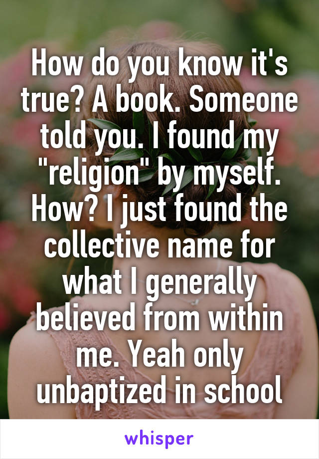 How do you know it's true? A book. Someone told you. I found my "religion" by myself. How? I just found the collective name for what I generally believed from within me. Yeah only unbaptized in school