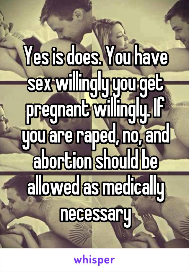 Yes is does. You have sex willingly you get pregnant willingly. If you are raped, no, and abortion should be allowed as medically necessary