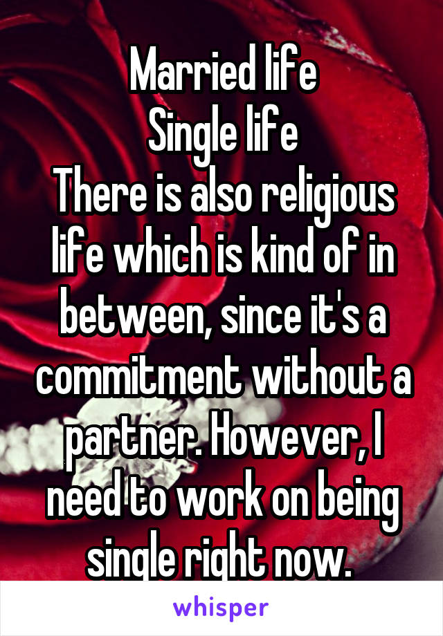 Married life
Single life
There is also religious life which is kind of in between, since it's a commitment without a partner. However, I need to work on being single right now. 