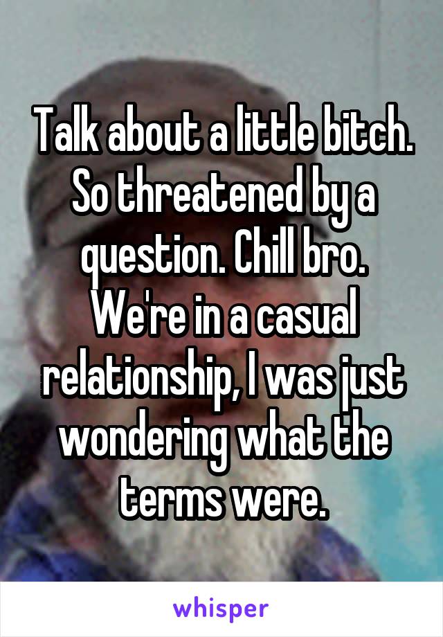 Talk about a little bitch. So threatened by a question. Chill bro. We're in a casual relationship, I was just wondering what the terms were.