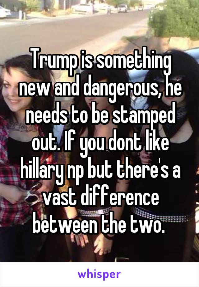 Trump is something new and dangerous, he needs to be stamped out. If you dont like hillary np but there's a vast difference between the two. 