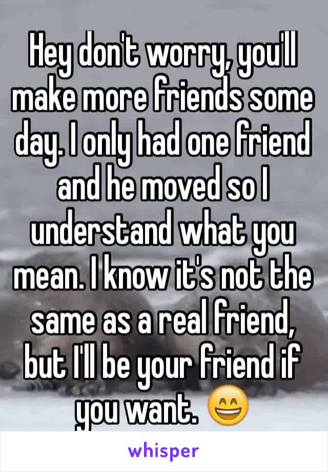 Hey don't worry, you'll make more friends some day. I only had one friend and he moved so I understand what you mean. I know it's not the same as a real friend, but I'll be your friend if you want. 😄