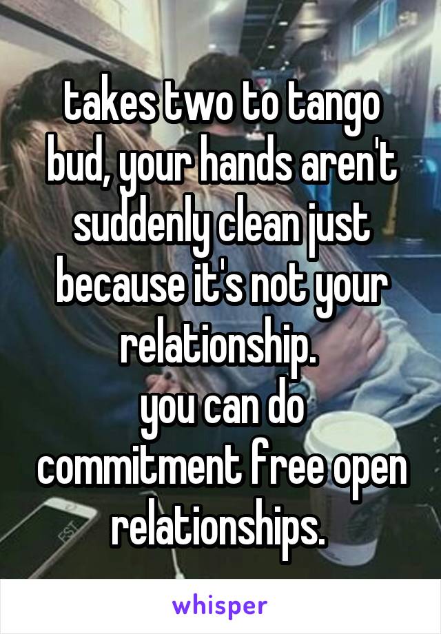 takes two to tango bud, your hands aren't suddenly clean just because it's not your relationship. 
you can do commitment free open relationships. 