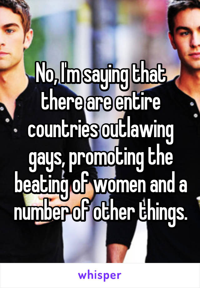 No, I'm saying that there are entire countries outlawing gays, promoting the beating of women and a number of other things.