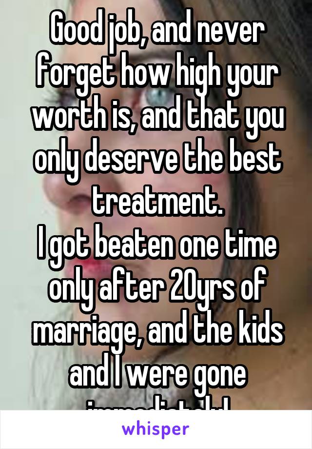 Good job, and never forget how high your worth is, and that you only deserve the best treatment.
I got beaten one time only after 20yrs of marriage, and the kids and I were gone immediately!