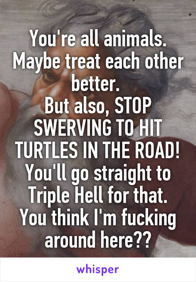 You're all animals. Maybe treat each other better. 
But also, STOP SWERVING TO HIT TURTLES IN THE ROAD! You'll go straight to Triple Hell for that.
You think I'm fucking around here??