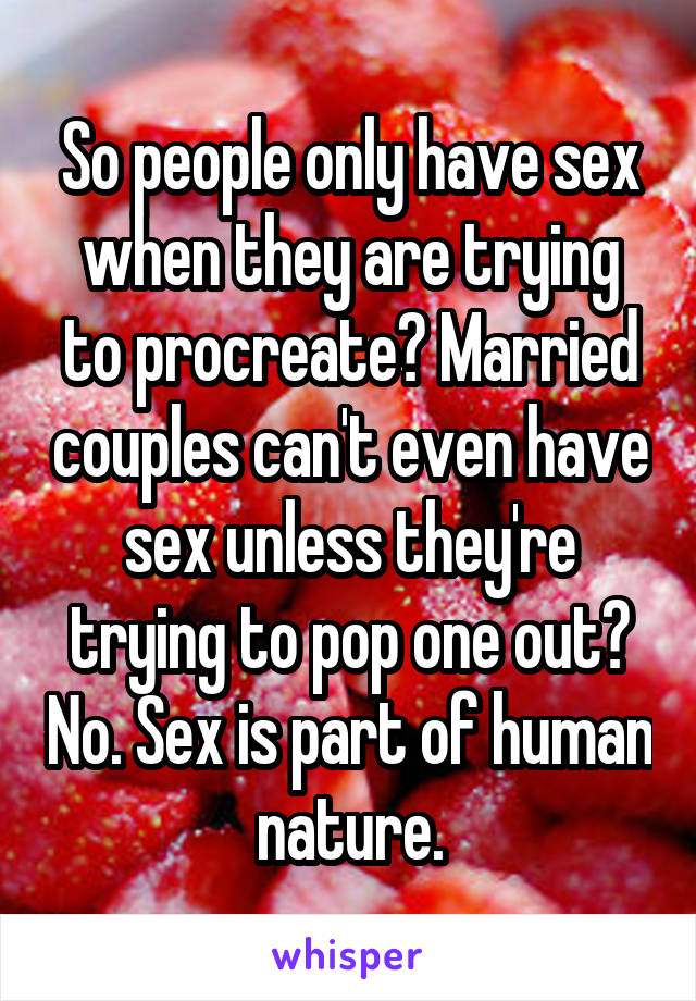 So people only have sex when they are trying to procreate? Married couples can't even have sex unless they're trying to pop one out? No. Sex is part of human nature.