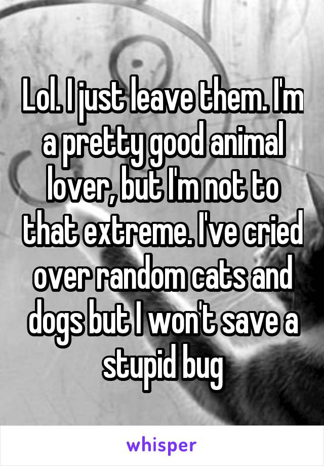 Lol. I just leave them. I'm a pretty good animal lover, but I'm not to that extreme. I've cried over random cats and dogs but I won't save a stupid bug