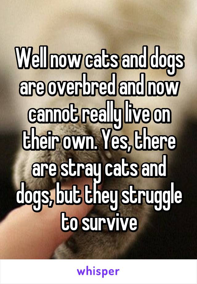 Well now cats and dogs are overbred and now cannot really live on their own. Yes, there are stray cats and dogs, but they struggle to survive