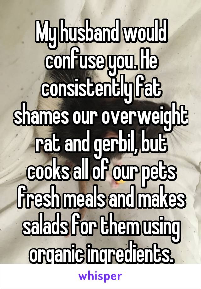 My husband would confuse you. He consistently fat shames our overweight rat and gerbil, but cooks all of our pets fresh meals and makes salads for them using organic ingredients.