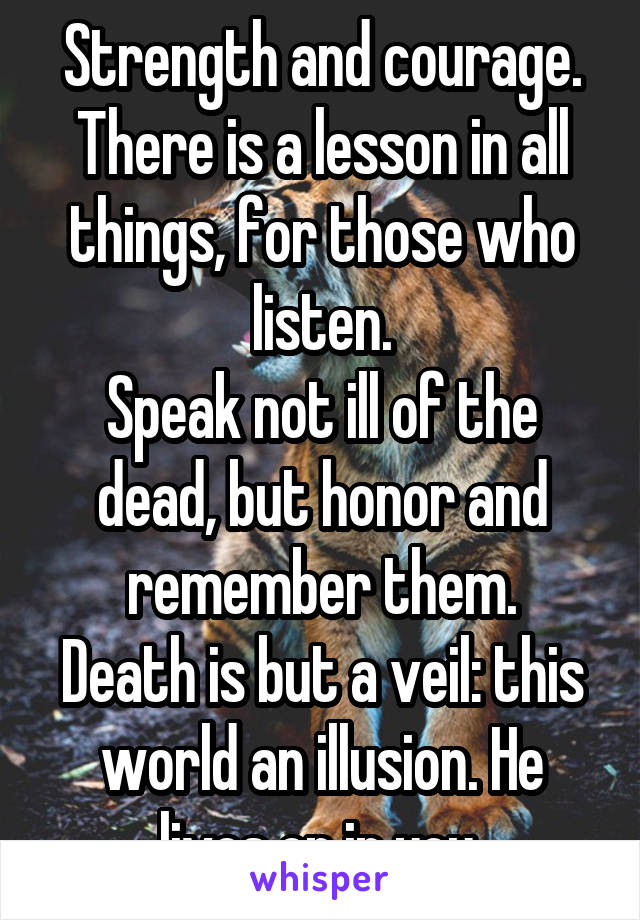 Strength and courage.
There is a lesson in all things, for those who listen.
Speak not ill of the dead, but honor and remember them.
Death is but a veil: this world an illusion. He lives on in you.