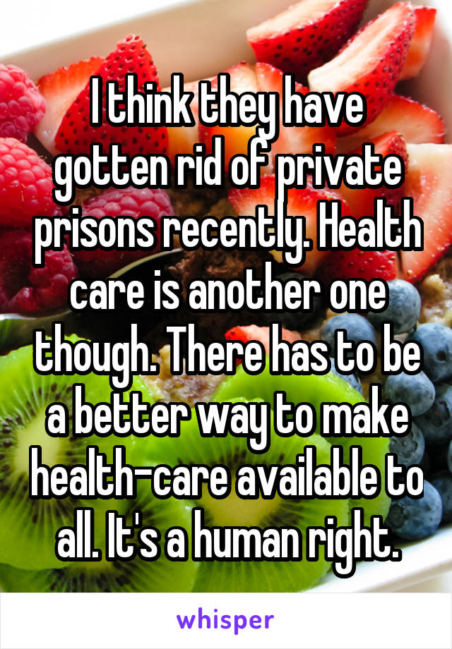 I think they have gotten rid of private prisons recently. Health care is another one though. There has to be a better way to make health-care available to all. It's a human right.