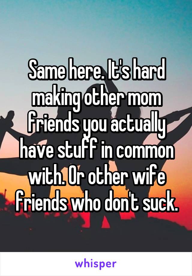 Same here. It's hard making other mom friends you actually have stuff in common with. Or other wife friends who don't suck.
