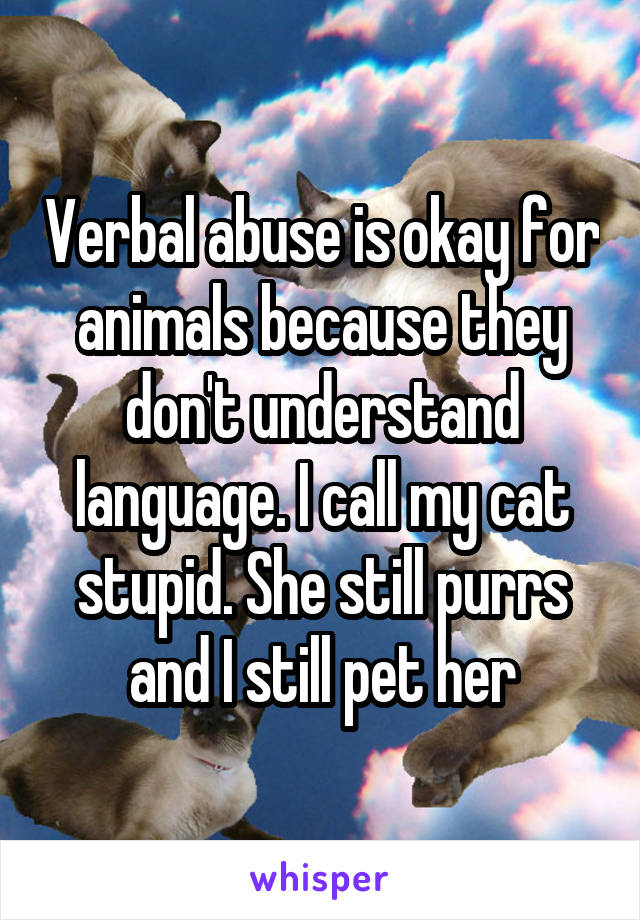 Verbal abuse is okay for animals because they don't understand language. I call my cat stupid. She still purrs and I still pet her