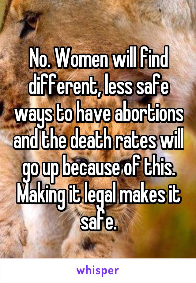 No. Women will find different, less safe ways to have abortions and the death rates will go up because of this. Making it legal makes it safe.