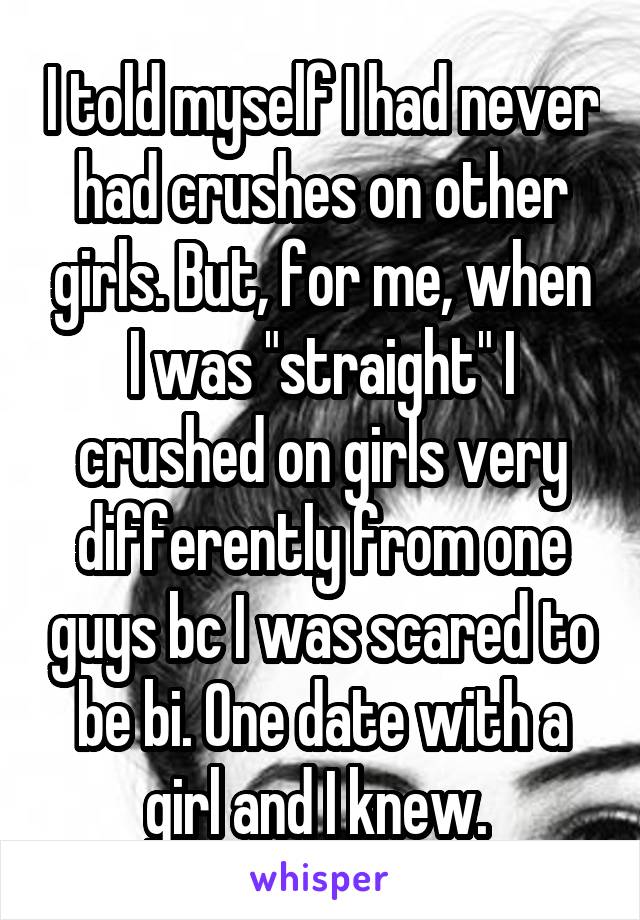 I told myself I had never had crushes on other girls. But, for me, when I was "straight" I crushed on girls very differently from one guys bc I was scared to be bi. One date with a girl and I knew. 