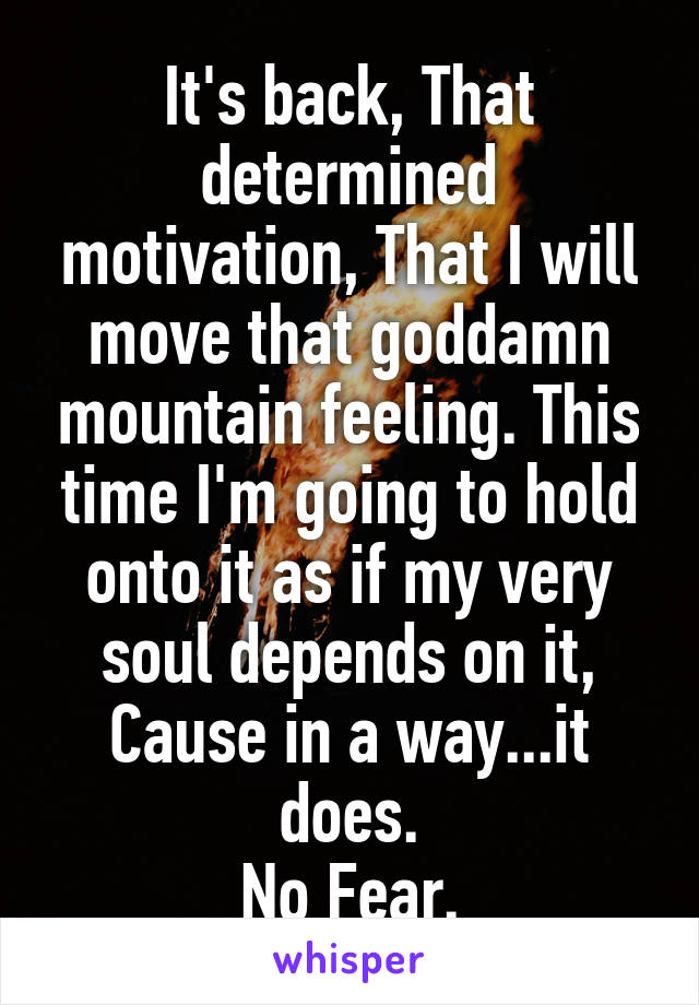 It's back, That determined motivation, That I will move that goddamn mountain feeling. This time I'm going to hold onto it as if my very soul depends on it, Cause in a way...it does.
No Fear.