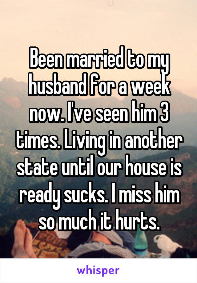 Been married to my husband for a week now. I've seen him 3 times. Living in another state until our house is ready sucks. I miss him so much it hurts.