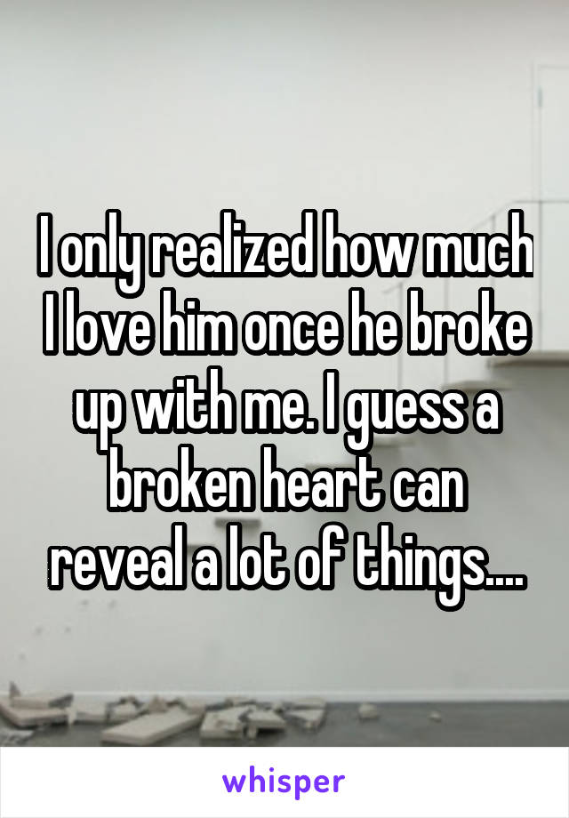 I only realized how much I love him once he broke up with me. I guess a broken heart can reveal a lot of things....