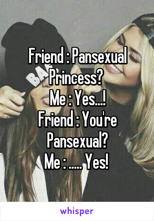Friend : Pansexual Princess? 
Me : Yes...!
Friend : You're Pansexual?
Me : ..... Yes! 