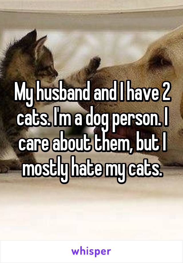 My husband and I have 2 cats. I'm a dog person. I care about them, but I mostly hate my cats.