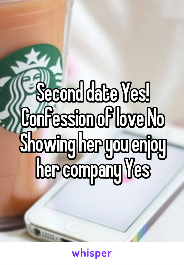 Second date Yes!
Confession of love No
Showing her you enjoy her company Yes