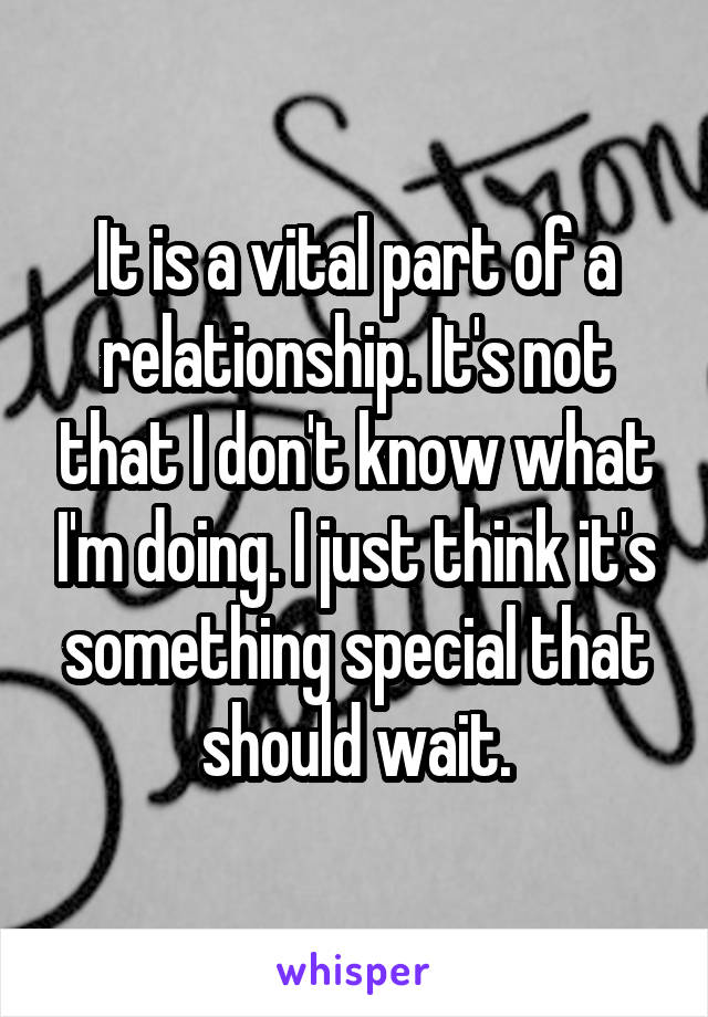 It is a vital part of a relationship. It's not that I don't know what I'm doing. I just think it's something special that should wait.