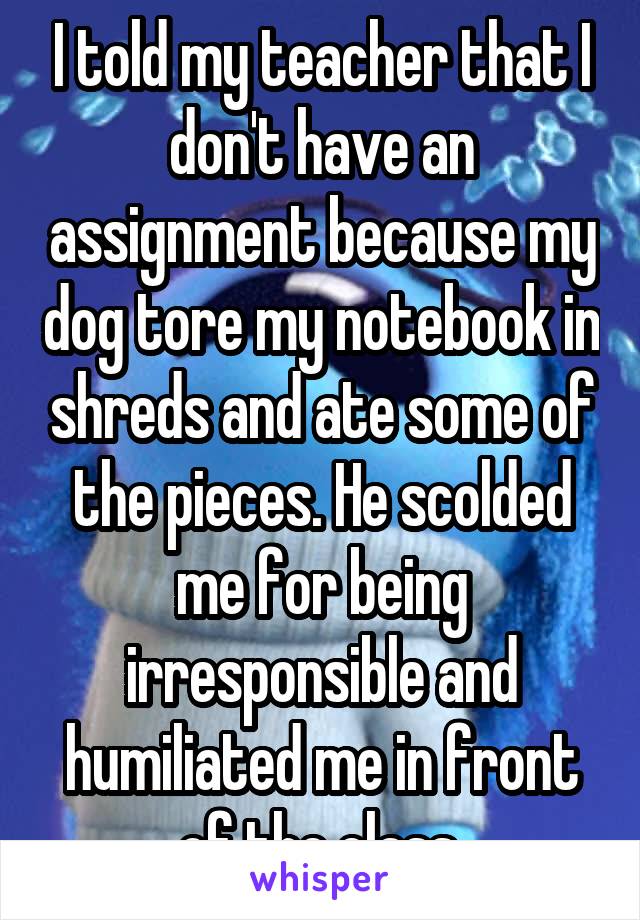 I told my teacher that I don't have an assignment because my dog tore my notebook in shreds and ate some of the pieces. He scolded me for being irresponsible and humiliated me in front of the class.