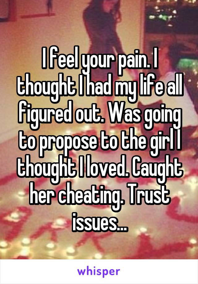I feel your pain. I thought I had my life all figured out. Was going to propose to the girl I thought I loved. Caught her cheating. Trust issues...