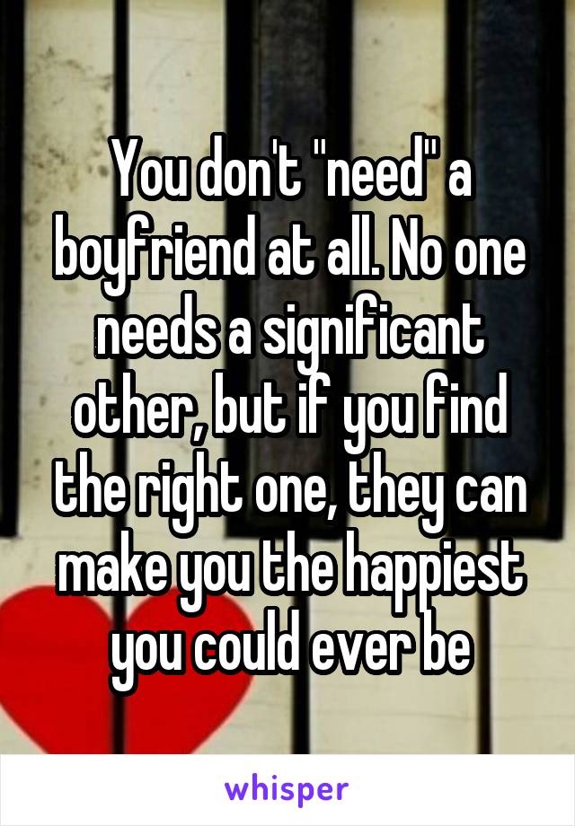 You don't "need" a boyfriend at all. No one needs a significant other, but if you find the right one, they can make you the happiest you could ever be