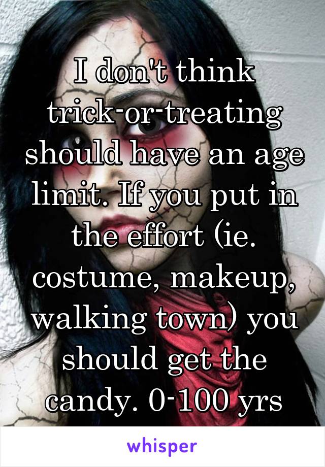 I don't think trick-or-treating should have an age limit. If you put in the effort (ie. costume, makeup, walking town) you should get the candy. 0-100 yrs