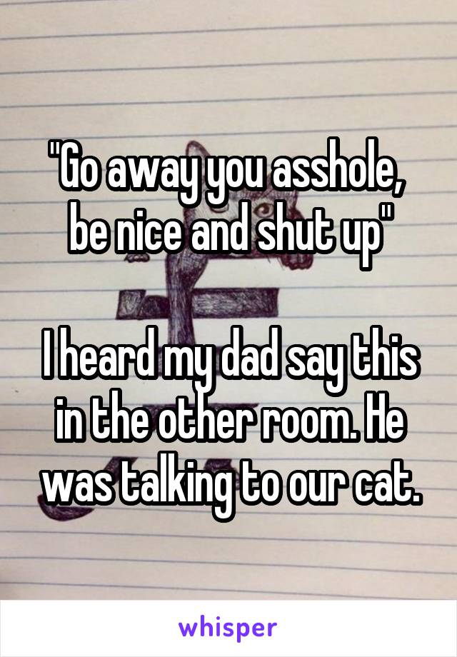 "Go away you asshole,  be nice and shut up"

I heard my dad say this in the other room. He was talking to our cat.