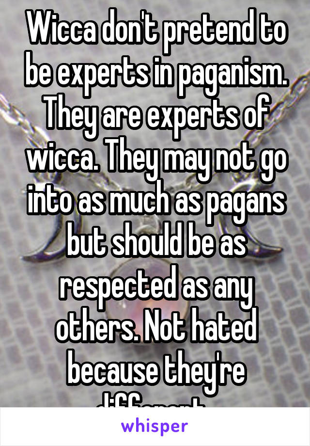 Wicca don't pretend to be experts in paganism. They are experts of wicca. They may not go into as much as pagans but should be as respected as any others. Not hated because they're different. 