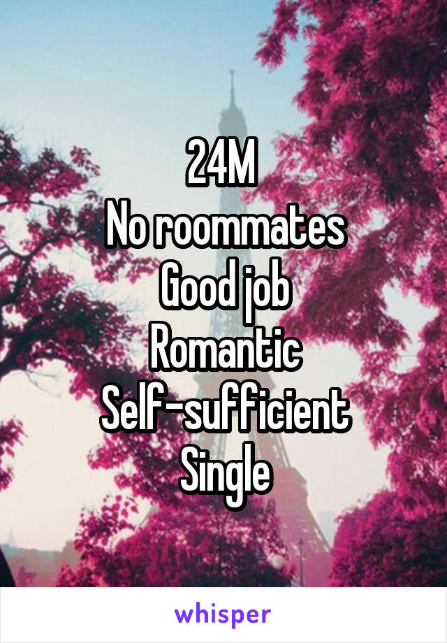 24M 
No roommates
Good job
Romantic
Self-sufficient
Single