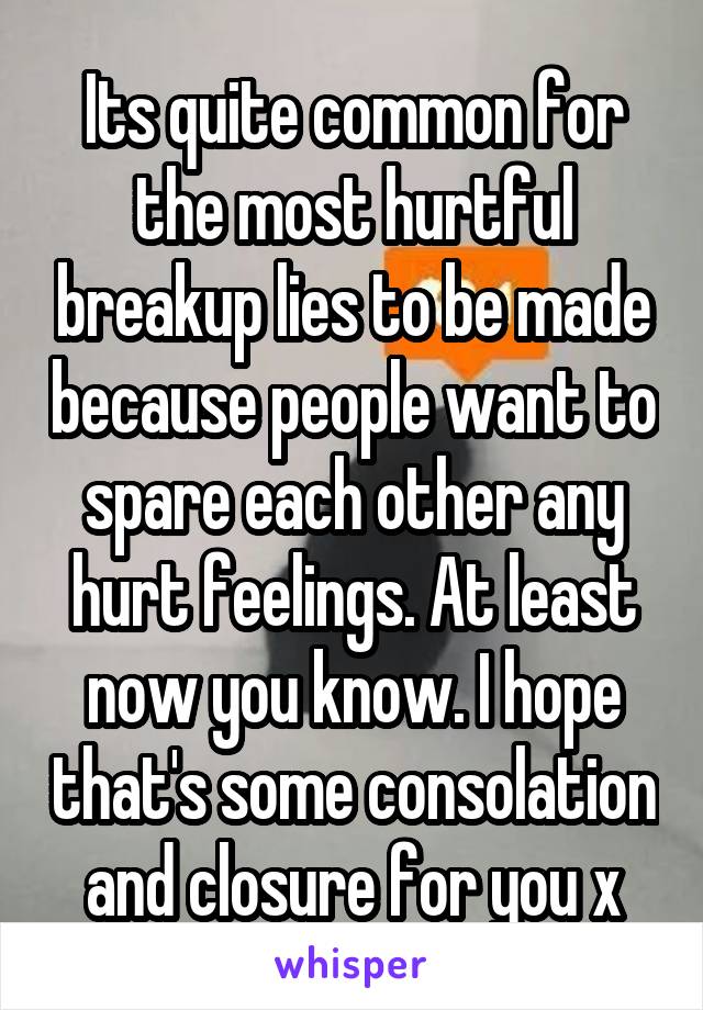 Its quite common for the most hurtful breakup lies to be made because people want to spare each other any hurt feelings. At least now you know. I hope that's some consolation and closure for you x