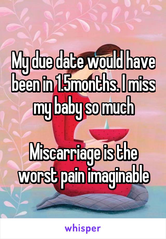 My due date would have been in 1.5months. I miss my baby so much

Miscarriage is the worst pain imaginable