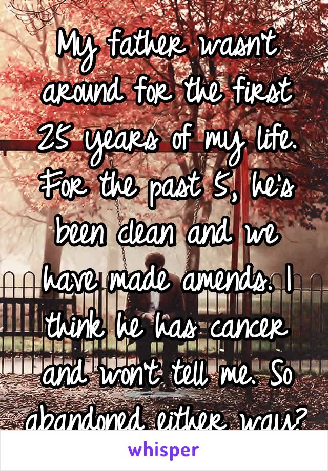 My father wasn't around for the first 25 years of my life. For the past 5, he's been clean and we have made amends. I think he has cancer and won't tell me. So abandoned either way?