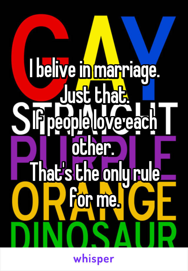I belive in marriage. Just that.
If people love each other. 
That's the only rule for me.