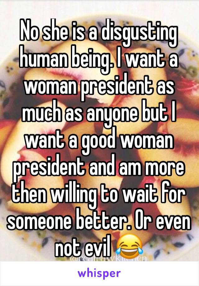 No she is a disgusting human being. I want a woman president as much as anyone but I want a good woman president and am more then willing to wait for someone better. Or even not evil 😂