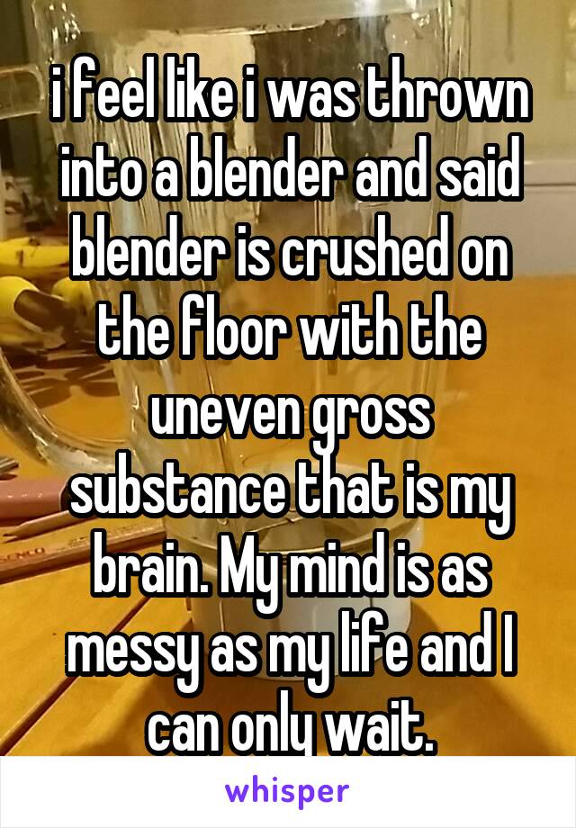 i feel like i was thrown into a blender and said blender is crushed on the floor with the uneven gross substance that is my brain. My mind is as messy as my life and I can only wait.