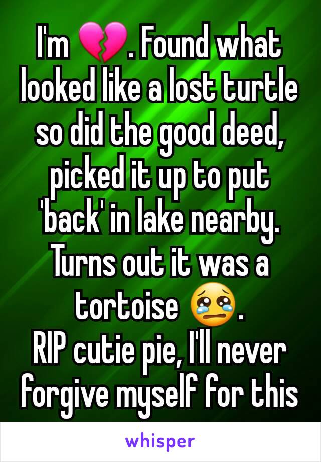 I'm 💔. Found what looked like a lost turtle so did the good deed, picked it up to put 'back' in lake nearby. Turns out it was a tortoise 😢.
RIP cutie pie, I'll never forgive myself for this