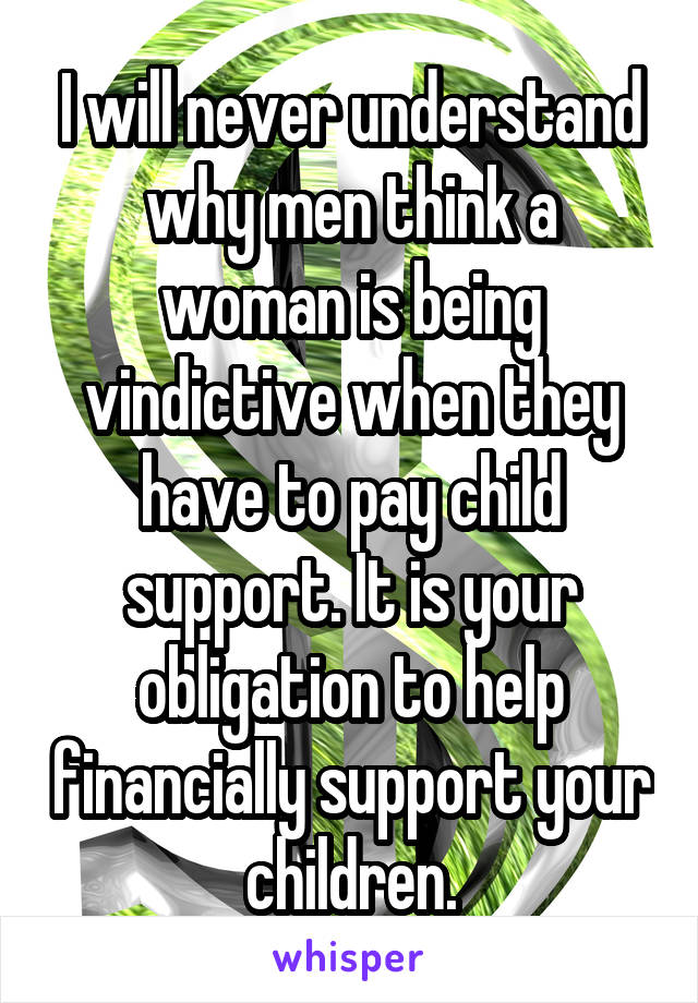 I will never understand why men think a woman is being vindictive when they have to pay child support. It is your obligation to help financially support your children.
