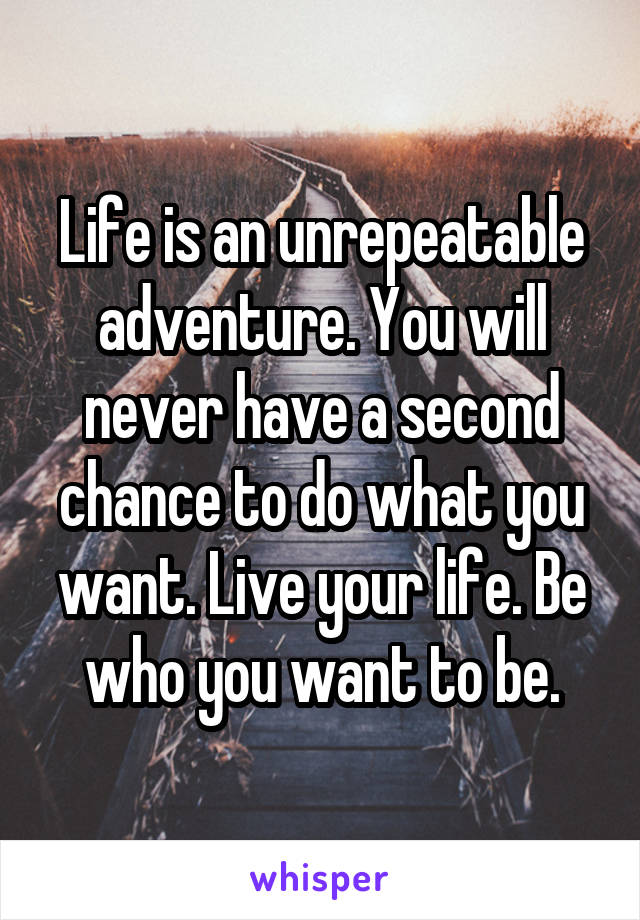 Life is an unrepeatable adventure. You will never have a second chance to do what you want. Live your life. Be who you want to be.